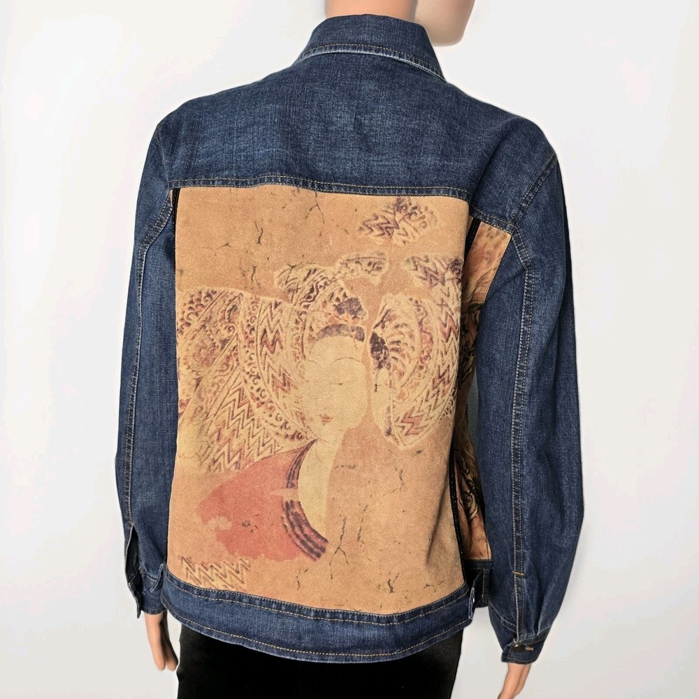Chico's Design Vintage Denim & Suede Jacket Geisha Art Embellished‎ Size 0 (S/M)